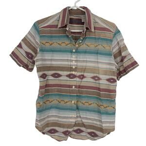 Backroad Blues Vintage Women's Striped Aztec Cotton Short Sleeve Button Up Small